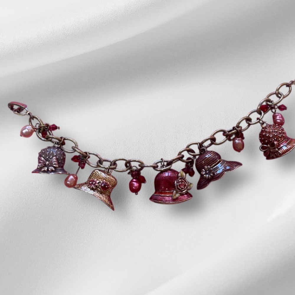 Vintage Red Enamel Old Fashion Hats Charm Bracelet 7"